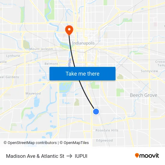Madison Ave & Atlantic St to IUPUI map