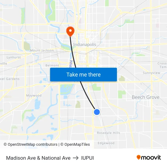 Madison Ave & National Ave to IUPUI map