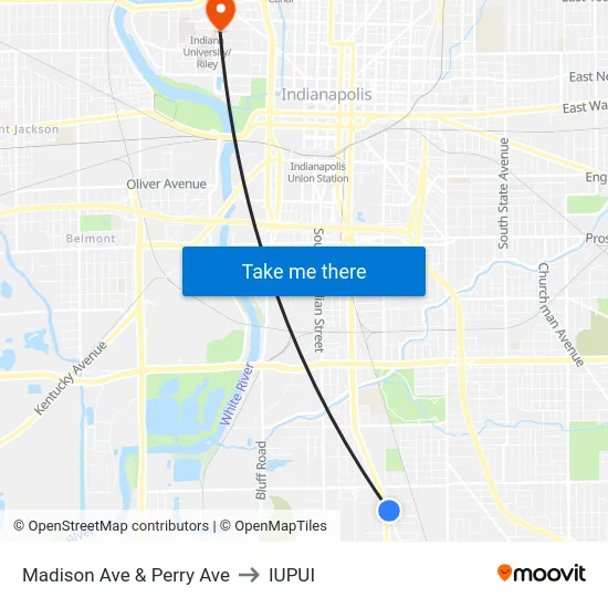 Madison Ave & Perry Ave to IUPUI map