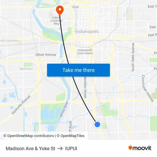 Madison Ave & Yoke St to IUPUI map