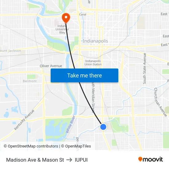 Madison Ave & Mason St to IUPUI map