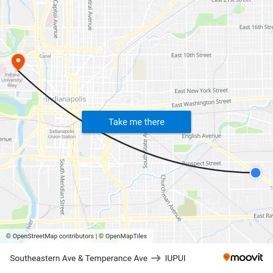Southeastern Ave & Temperance Ave to IUPUI map