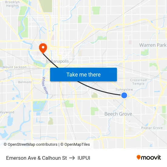 Emerson Ave & Calhoun St to IUPUI map