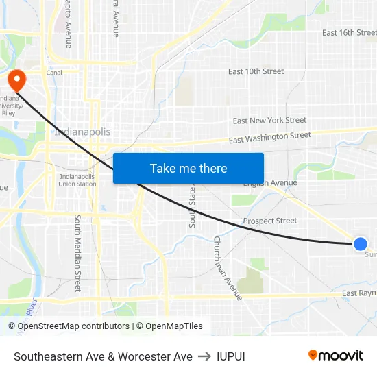 Southeastern Ave & Worcester Ave to IUPUI map