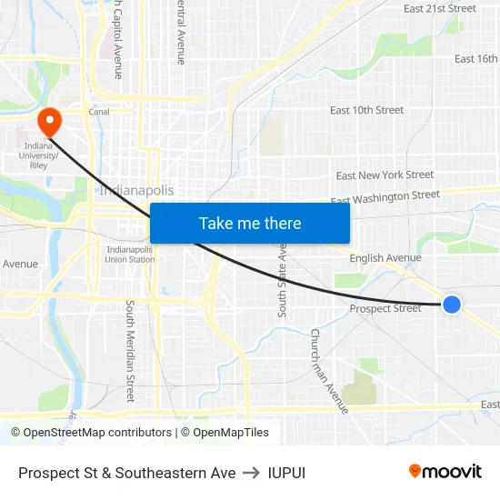 Prospect St & Southeastern Ave to IUPUI map