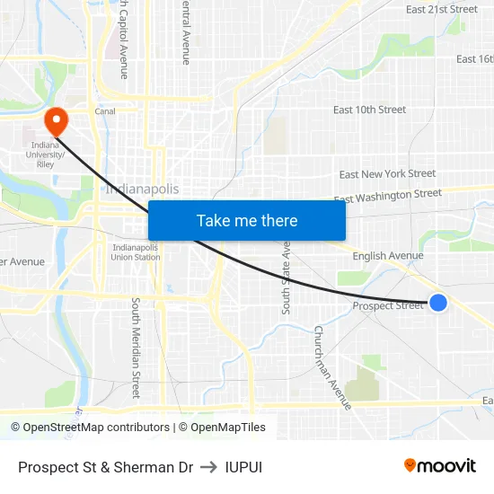 Prospect St & Sherman Dr to IUPUI map