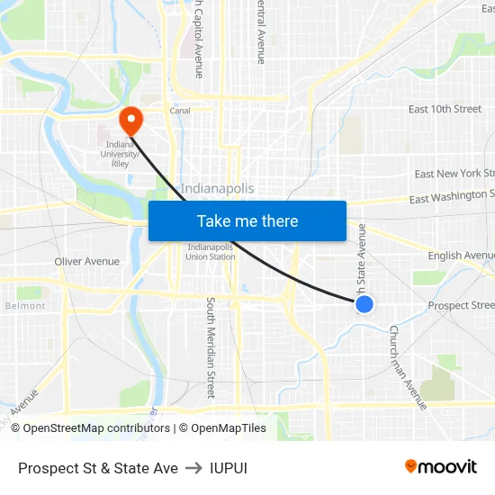 Prospect St & State Ave to IUPUI map