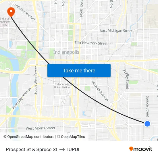 Prospect St & Spruce St to IUPUI map