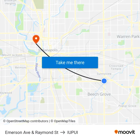 Emerson Ave & Raymond St to IUPUI map
