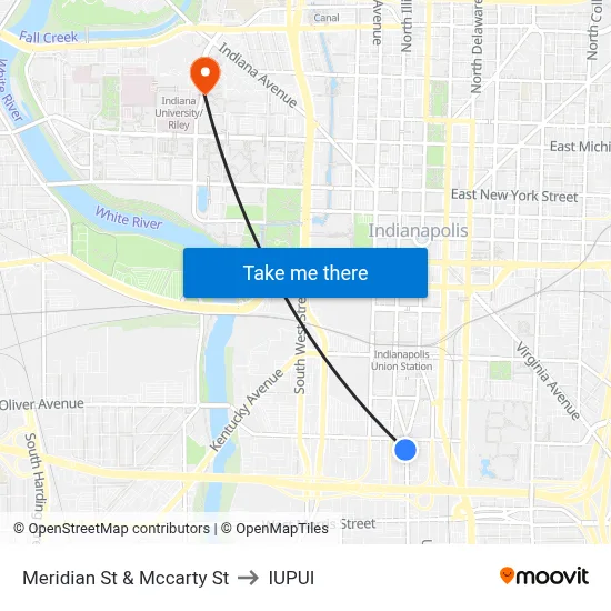 Meridian St & Mccarty St to IUPUI map
