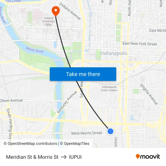 Meridian St & Morris St to IUPUI map