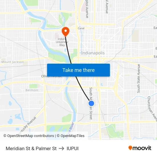 Meridian St & Palmer St to IUPUI map