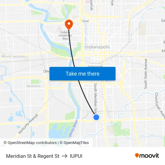 Meridian St & Regent St to IUPUI map