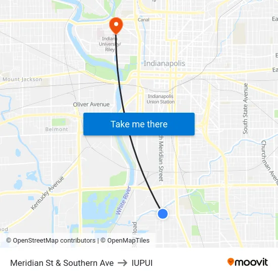Meridian St & Southern Ave to IUPUI map