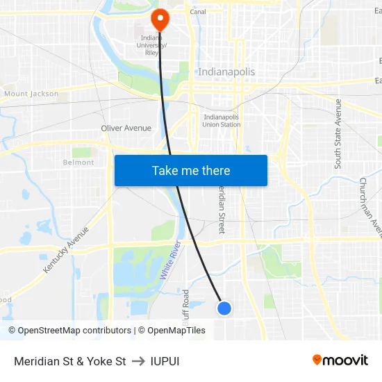 Meridian St & Yoke St to IUPUI map