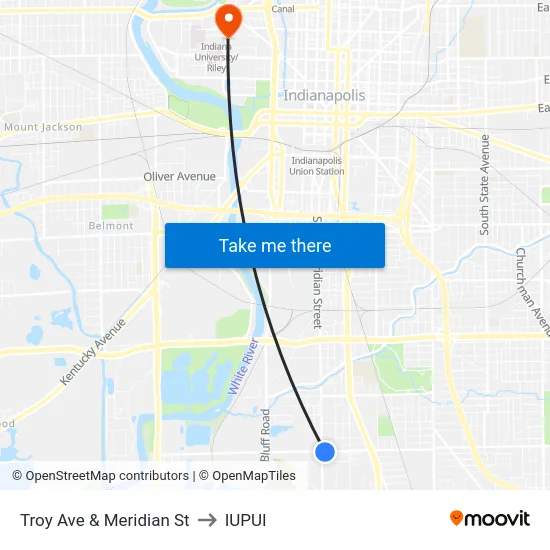 Troy Ave & Meridian St to IUPUI map