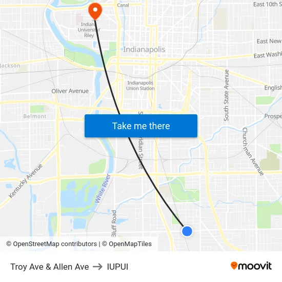 Troy Ave & Allen Ave to IUPUI map