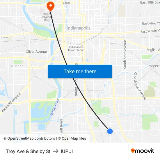 Troy Ave & Shelby St to IUPUI map