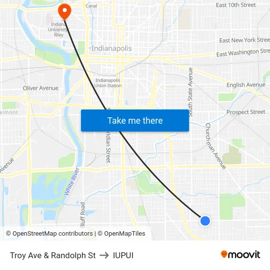 Troy Ave & Randolph St to IUPUI map