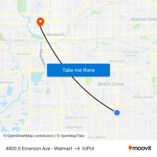 4800 S Emerson Ave - Walmart to IUPUI map