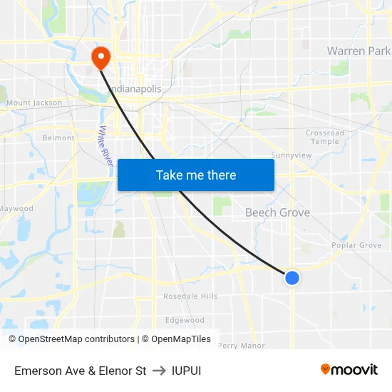 Emerson Ave & Elenor St to IUPUI map
