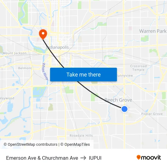 Emerson Ave & Churchman Ave to IUPUI map