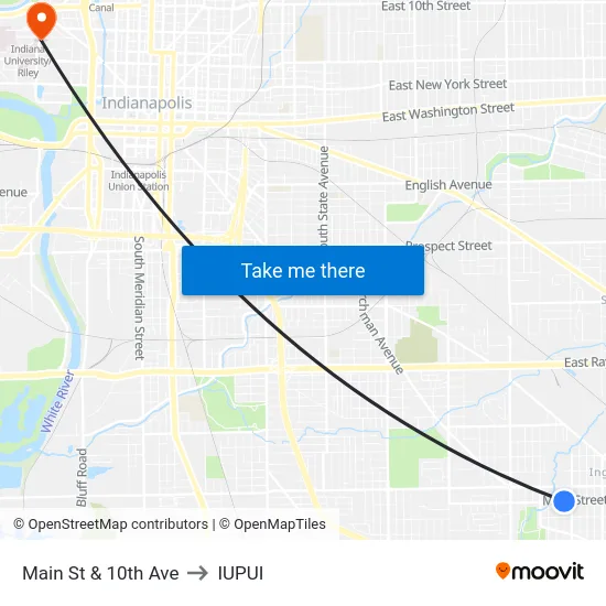 Main St & 10th Ave to IUPUI map