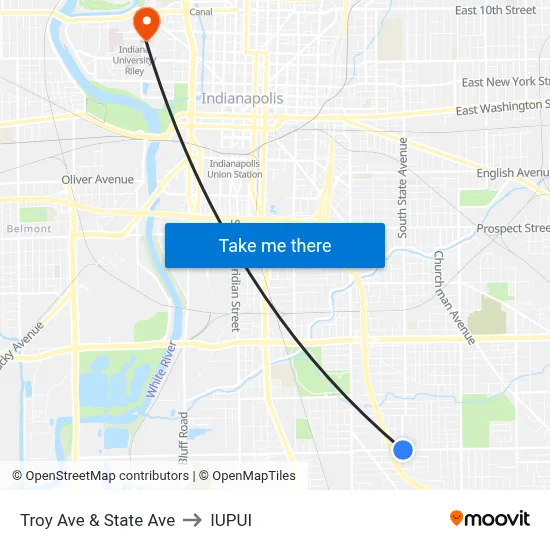 Troy Ave & State Ave to IUPUI map