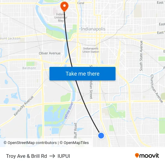 Troy Ave & Brill Rd to IUPUI map