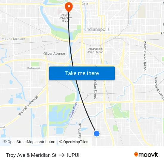 Troy Ave & Meridian St to IUPUI map