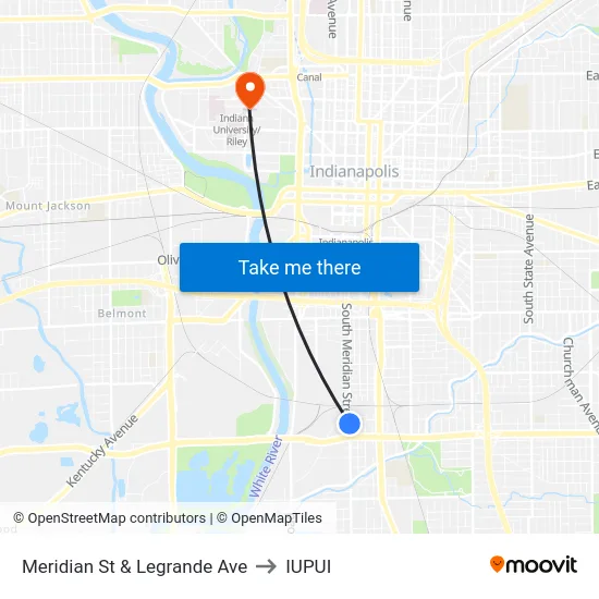 Meridian St & Legrande Ave to IUPUI map
