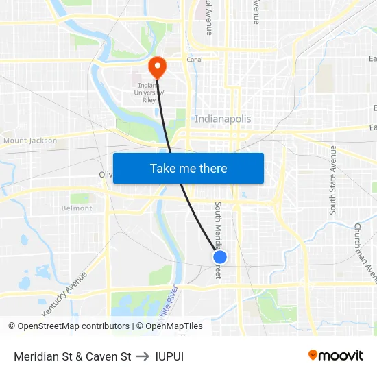 Meridian St & Caven St to IUPUI map