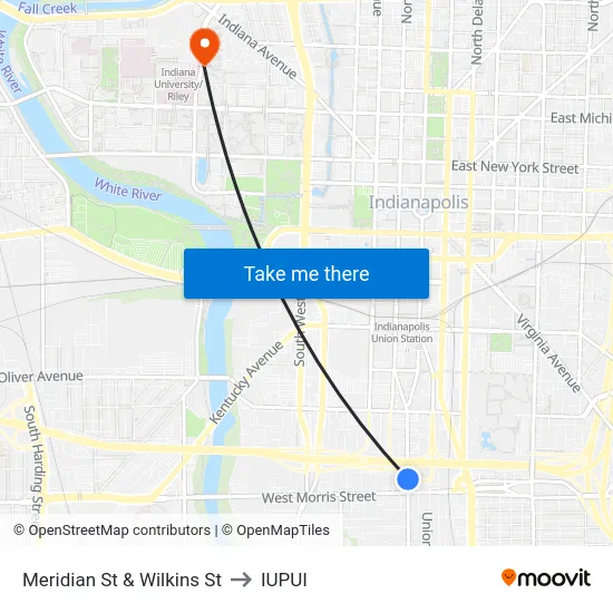 Meridian St & Wilkins St to IUPUI map