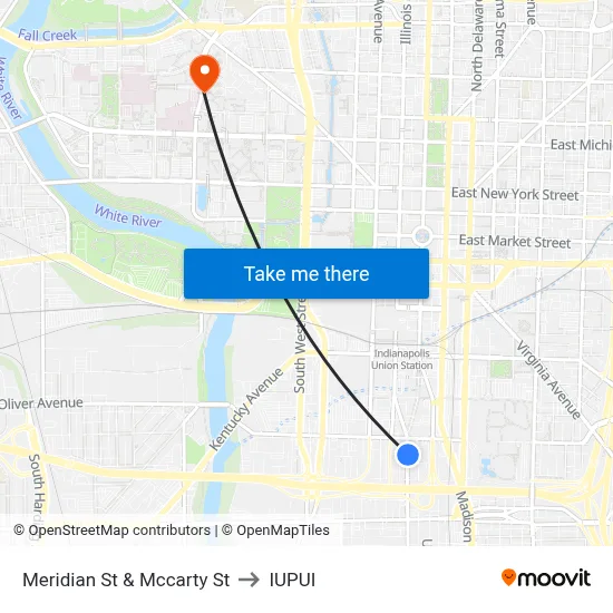 Meridian St & Mccarty St to IUPUI map