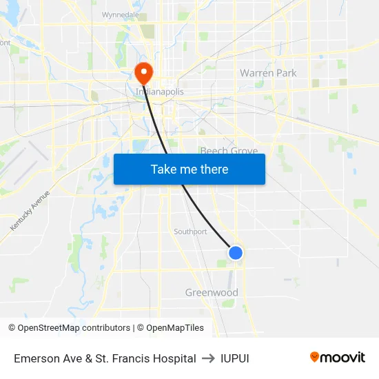 Emerson Ave & St. Francis Hospital to IUPUI map