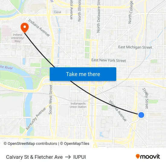 Calvary St & Fletcher Ave to IUPUI map