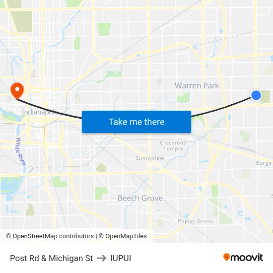 Post Rd & Michigan St to IUPUI map