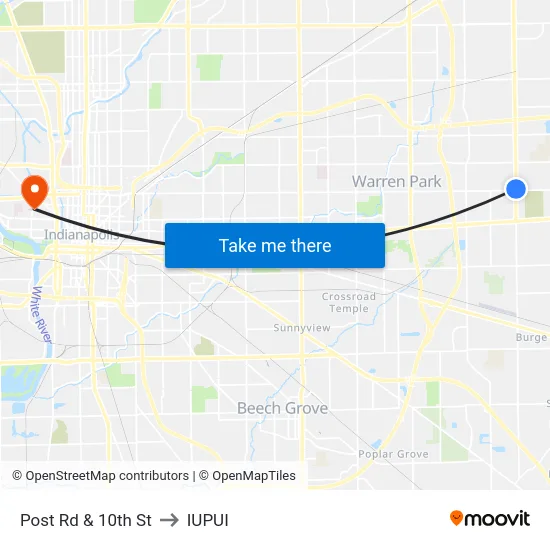 Post Rd & 10th St to IUPUI map