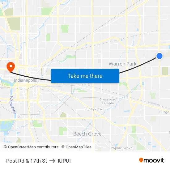 Post Rd & 17th St to IUPUI map