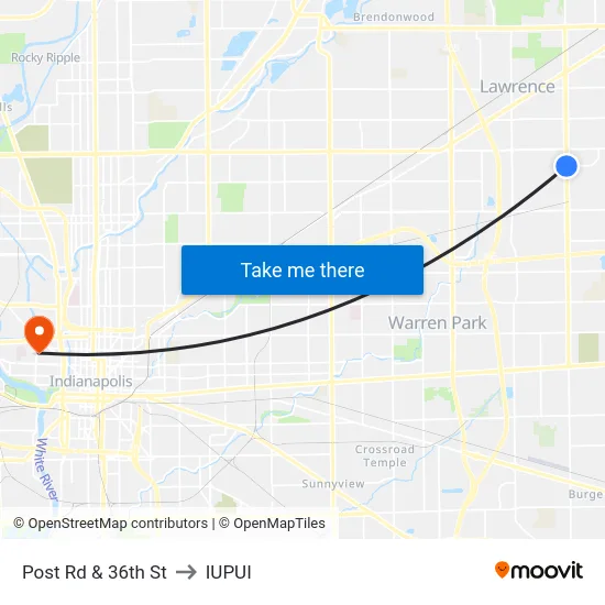 Post Rd & 36th St to IUPUI map