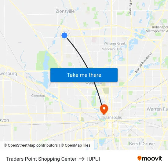 Traders Point Shopping Center to IUPUI map