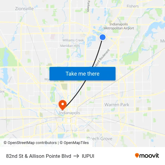82nd St & Allison Pointe Blvd to IUPUI map