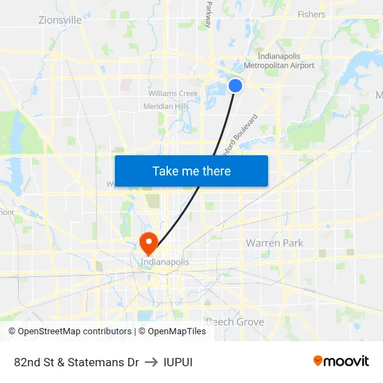 82nd St & Statemans Dr to IUPUI map