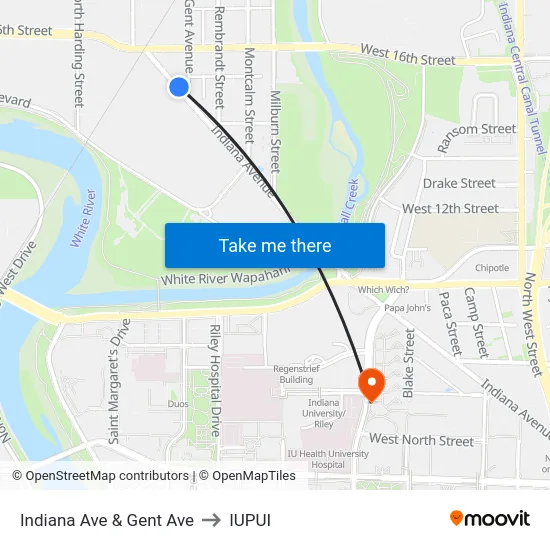 Indiana Ave & Gent Ave to IUPUI map