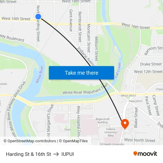Harding St & 16th St to IUPUI map