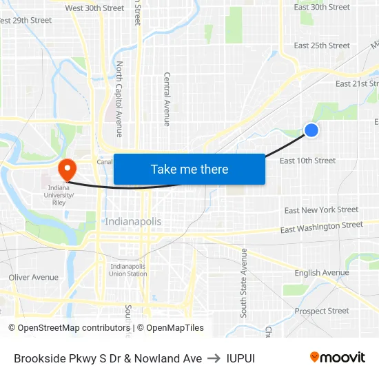 Brookside Pkwy S Dr & Nowland Ave to IUPUI map
