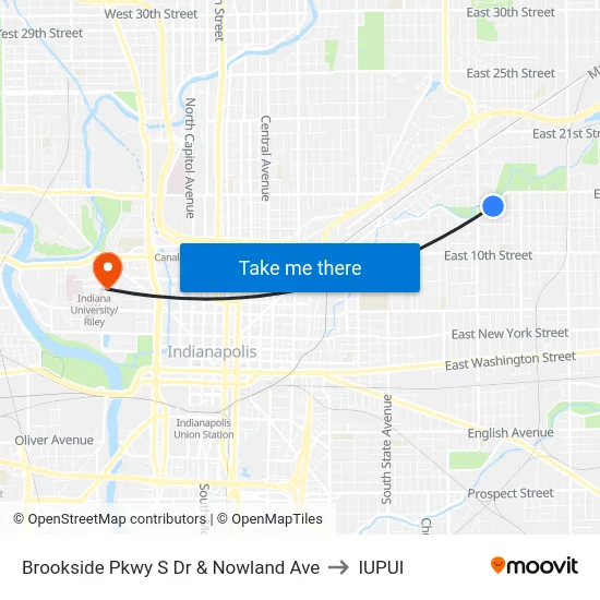 Brookside Pkwy S Dr & Nowland Ave to IUPUI map