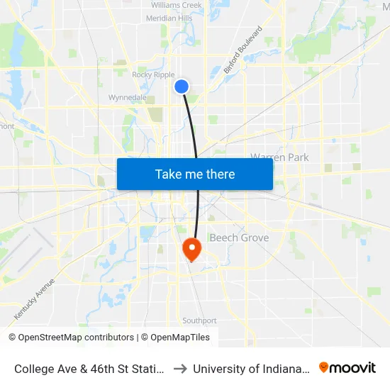 College Ave & 46th St Station Sb to University of Indianapolis map