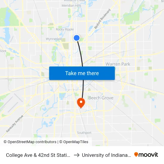 College Ave & 42nd St Station Nb to University of Indianapolis map