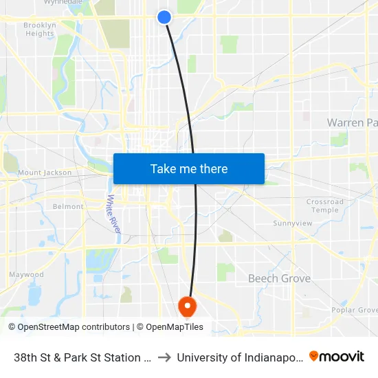 38th St & Park St Station Eb to University of Indianapolis map